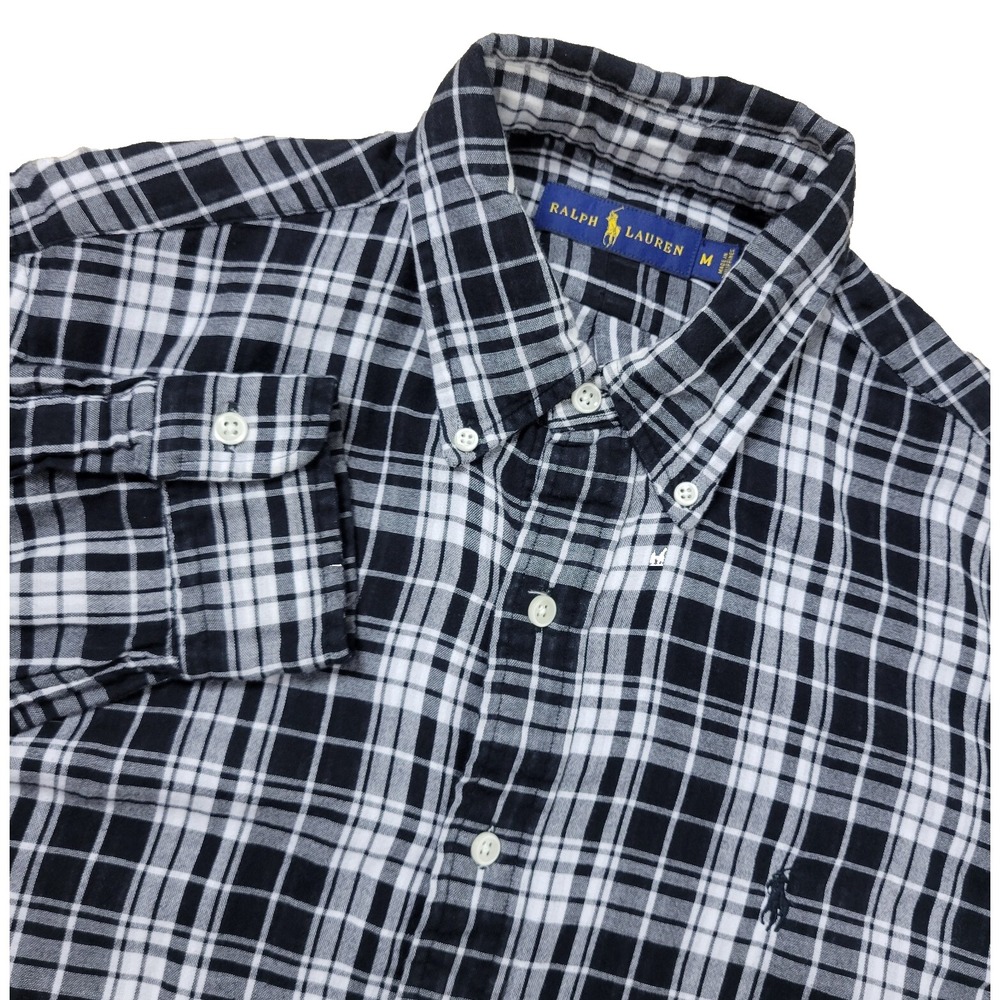 Ralph Lauren Mens Medium Black White Plaid Pony Button‎ Down Long Sleeve